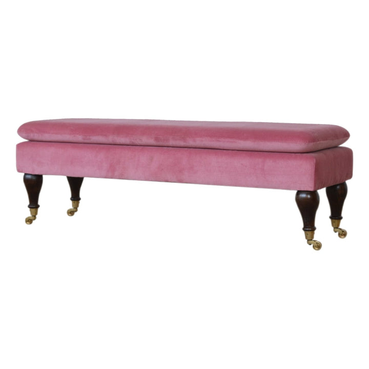 Handcrafted Pink Velvet Castor Bench - Solid Mango Wood Seating Furniture for Entryway - product view 2 showing...
