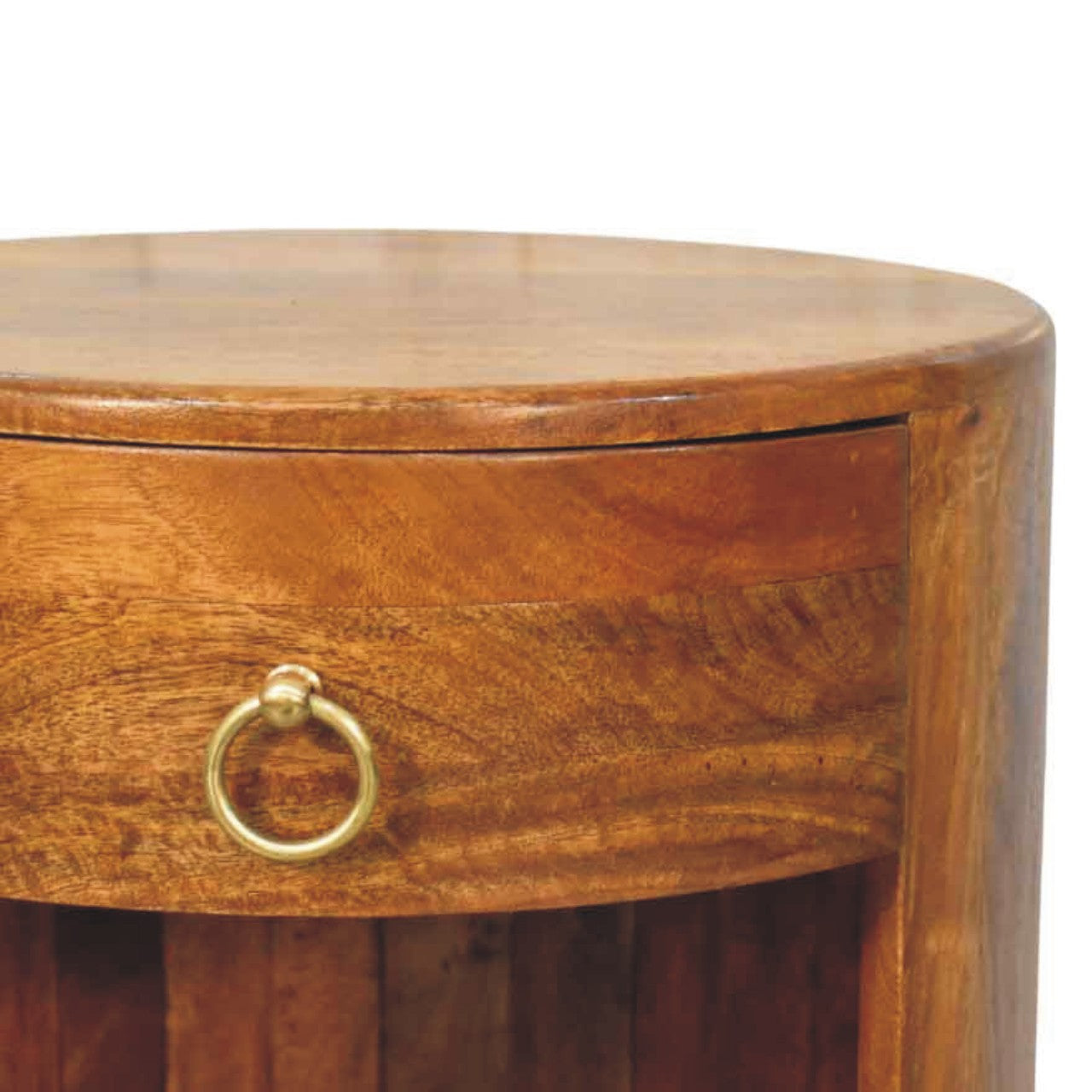 Amber Oak Bola Round Side Table in Solid Mango Wood - product view 3 showing handcrafted solid mango wood side table