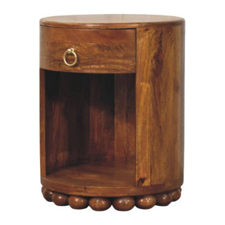 Amber Oak Bola Round Side Table in Solid Mango Wood - product view 2 showing handcrafted solid mango wood side table