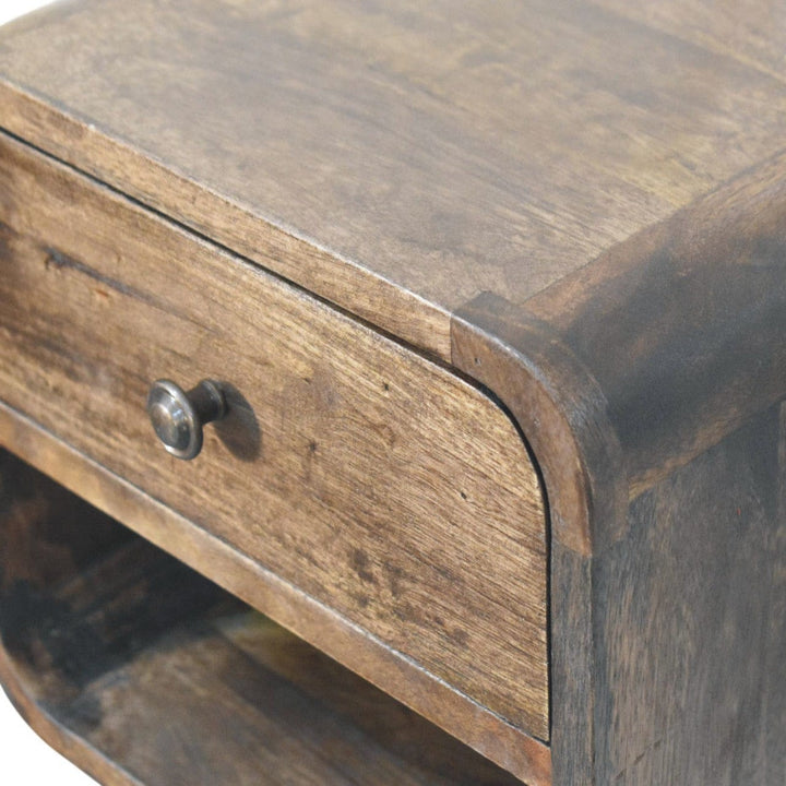 Classic Grey Rounded Nightstand in Solid Mango Wood - product view 6 showing handcrafted solid mango wood nightstand