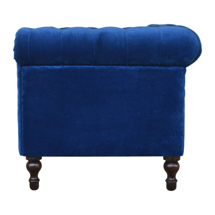 Handcrafted Royal Blue Velvet Chesterfield Sofa - Solid Mango Wood Couch for Living Room - product view 6 showing...