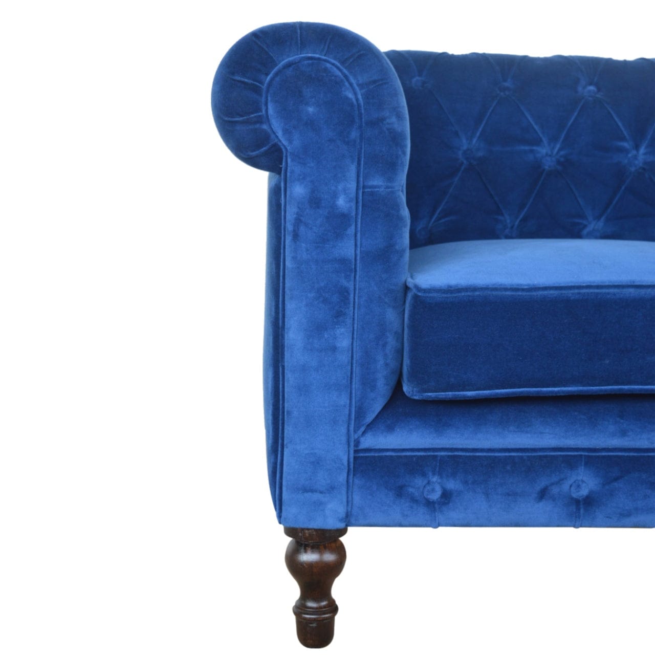 Handcrafted Royal Blue Velvet Chesterfield Sofa - Solid Mango Wood Couch for Living Room - product view 5 showing...