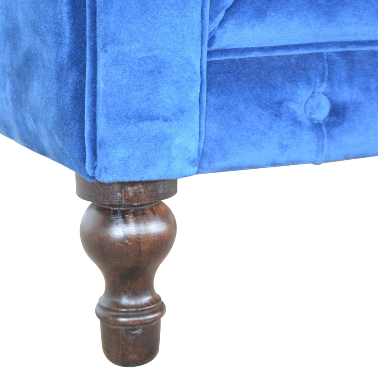 Handcrafted Royal Blue Velvet Chesterfield Sofa - Solid Mango Wood Couch for Living Room - product view 7 showing...