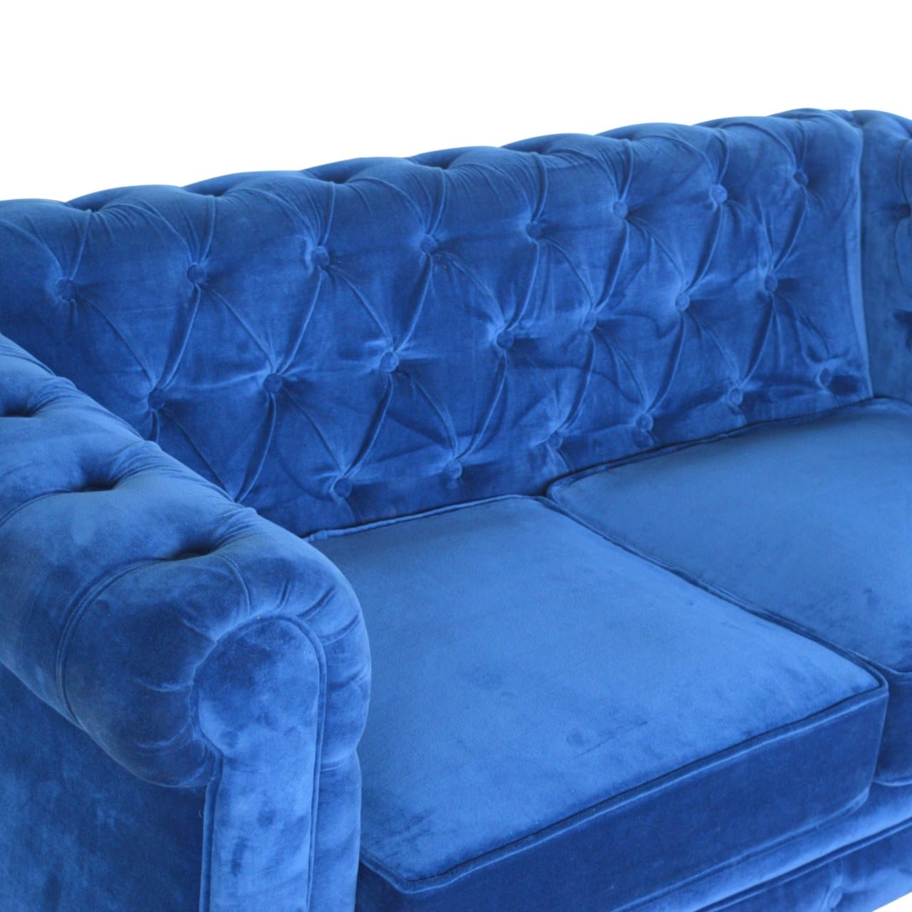 Handcrafted Royal Blue Velvet Chesterfield Sofa - Solid Mango Wood Couch for Living Room - product view 3 showing...