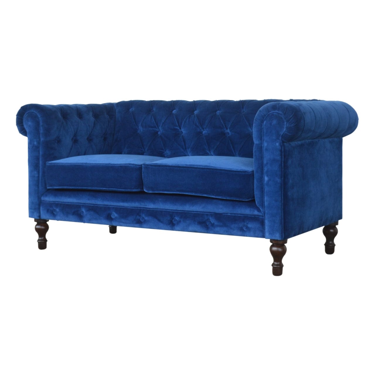Handcrafted Royal Blue Velvet Chesterfield Sofa - Solid Mango Wood Couch for Living Room - main view showing handcrafted...
