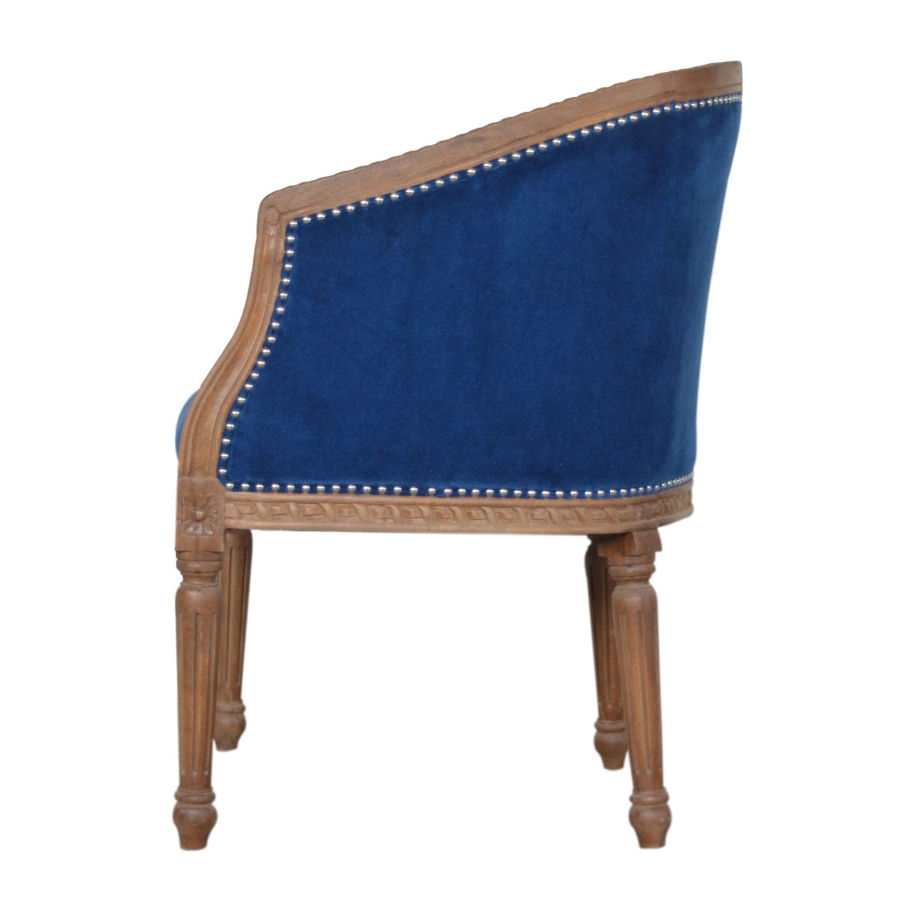 Handcrafted Royal Blue Velvet Occasional Chair in Solid Mango Wood - product view 8 showing handcrafted solid mango wood...