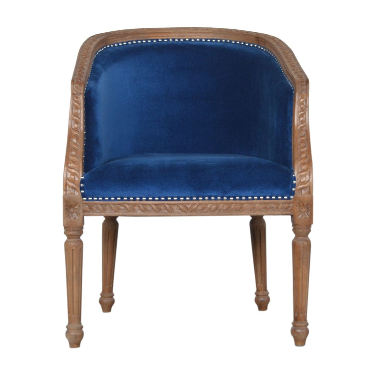 Handcrafted Royal Blue Velvet Occasional Chair in Solid Mango Wood - main view showing handcrafted solid mango wood chair