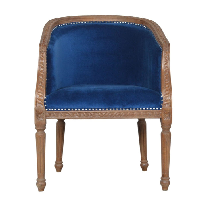 Handcrafted Royal Blue Velvet Occasional Chair in Solid Mango Wood - main view showing handcrafted solid mango wood chair