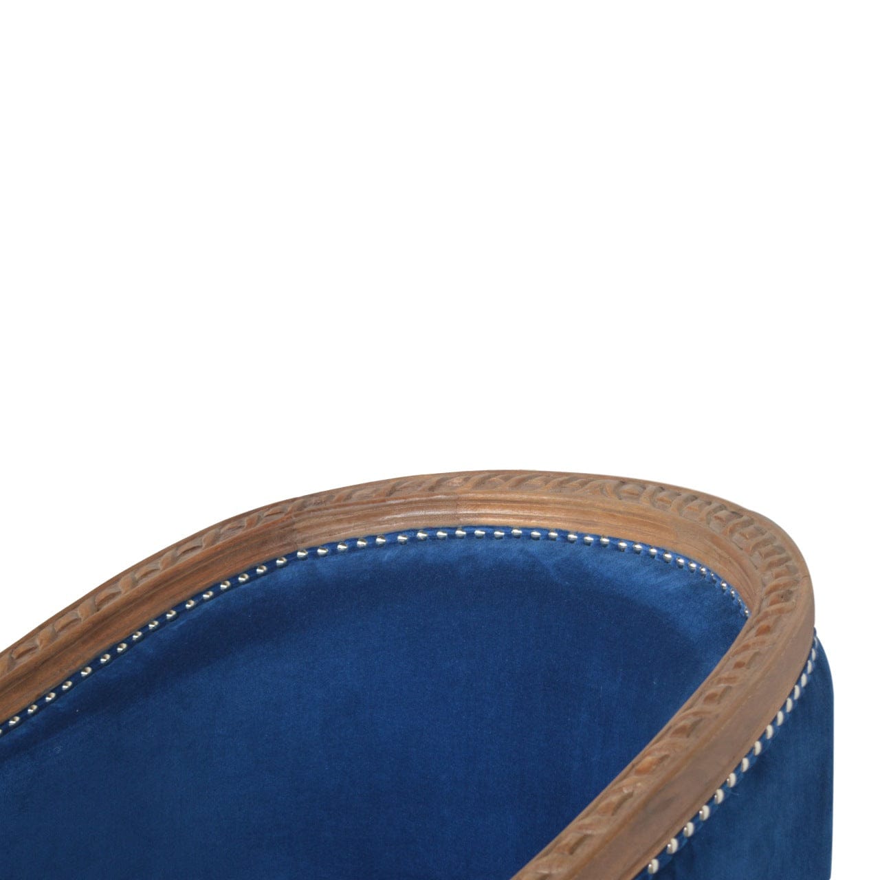 Handcrafted Royal Blue Velvet Occasional Chair in Solid Mango Wood - product view 6 showing handcrafted solid mango wood...