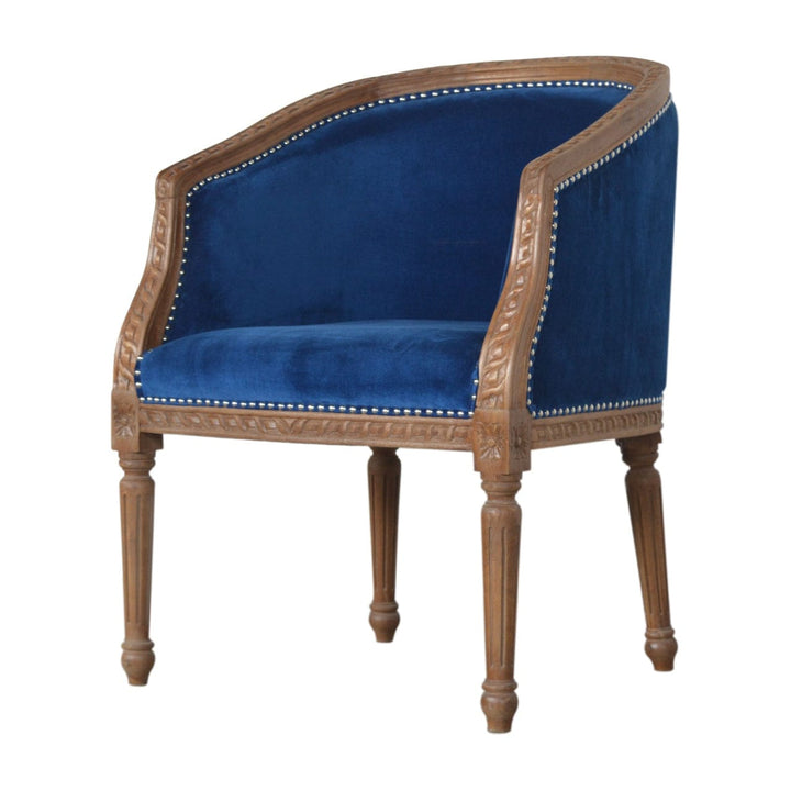Handcrafted Royal Blue Velvet Occasional Chair in Solid Mango Wood - product view 2 showing handcrafted solid mango wood...