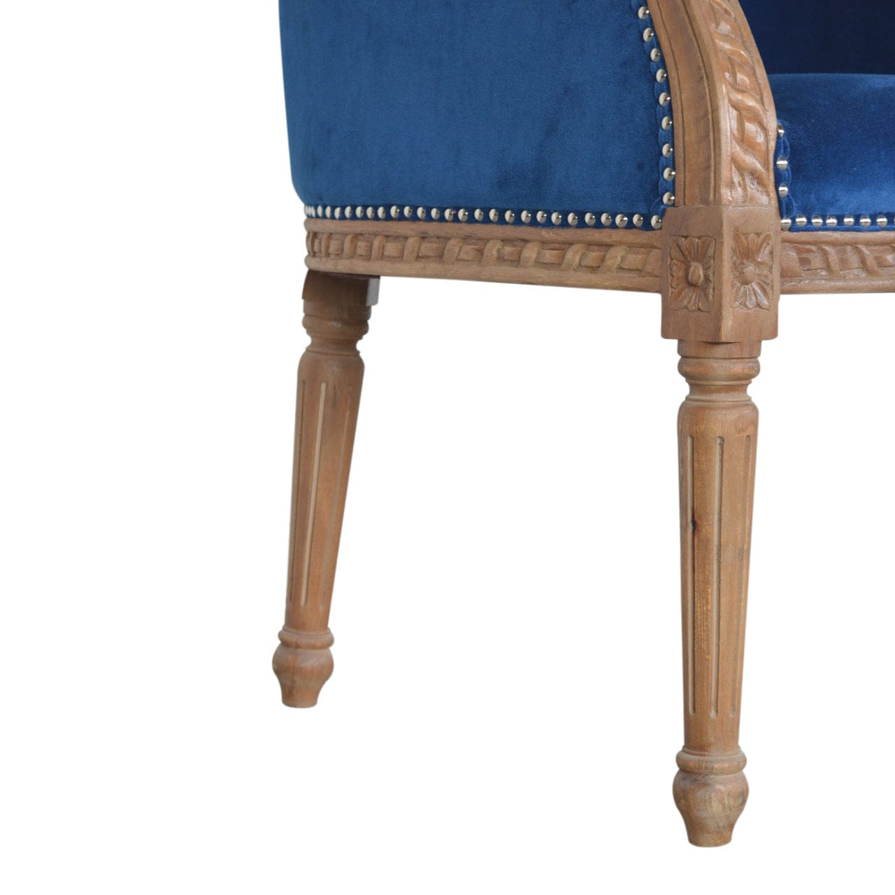 Handcrafted Royal Blue Velvet Occasional Chair in Solid Mango Wood - product view 7 showing handcrafted solid mango wood...
