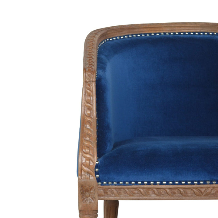 Handcrafted Royal Blue Velvet Occasional Chair in Solid Mango Wood - product view 4 showing handcrafted solid mango wood...