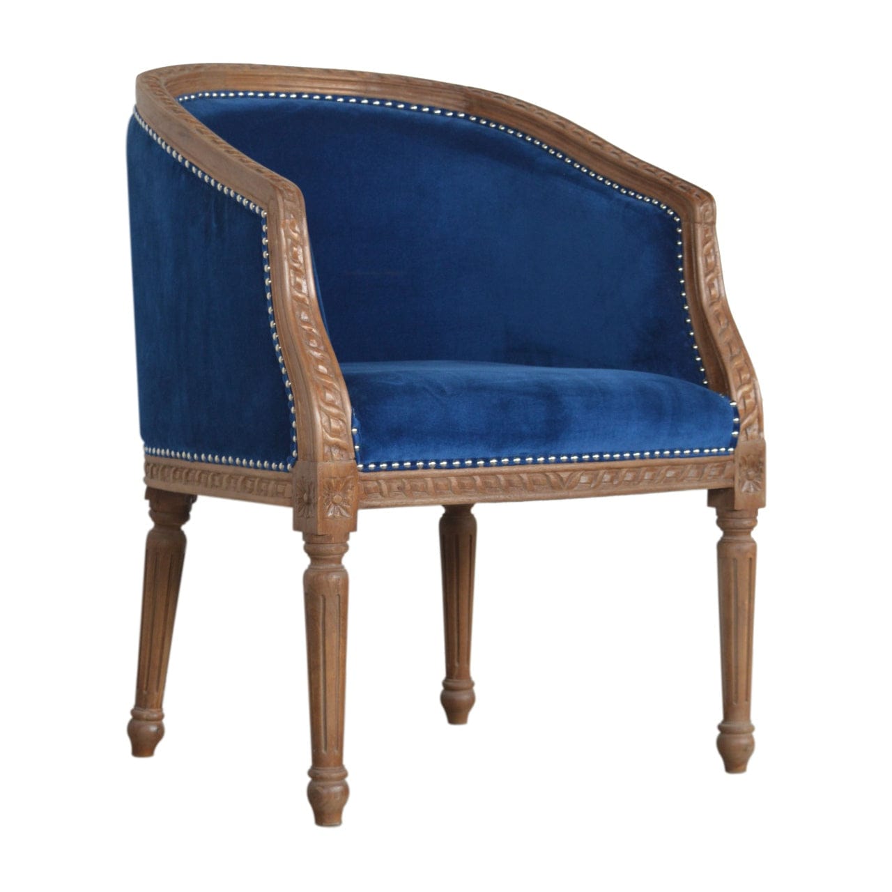 Handcrafted Royal Blue Velvet Occasional Chair in Solid Mango Wood - product view 3 showing handcrafted solid mango wood...