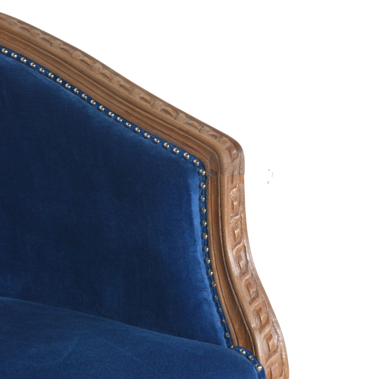 Handcrafted Royal Blue Velvet Occasional Chair in Solid Mango Wood - product view 5 showing handcrafted solid mango wood...