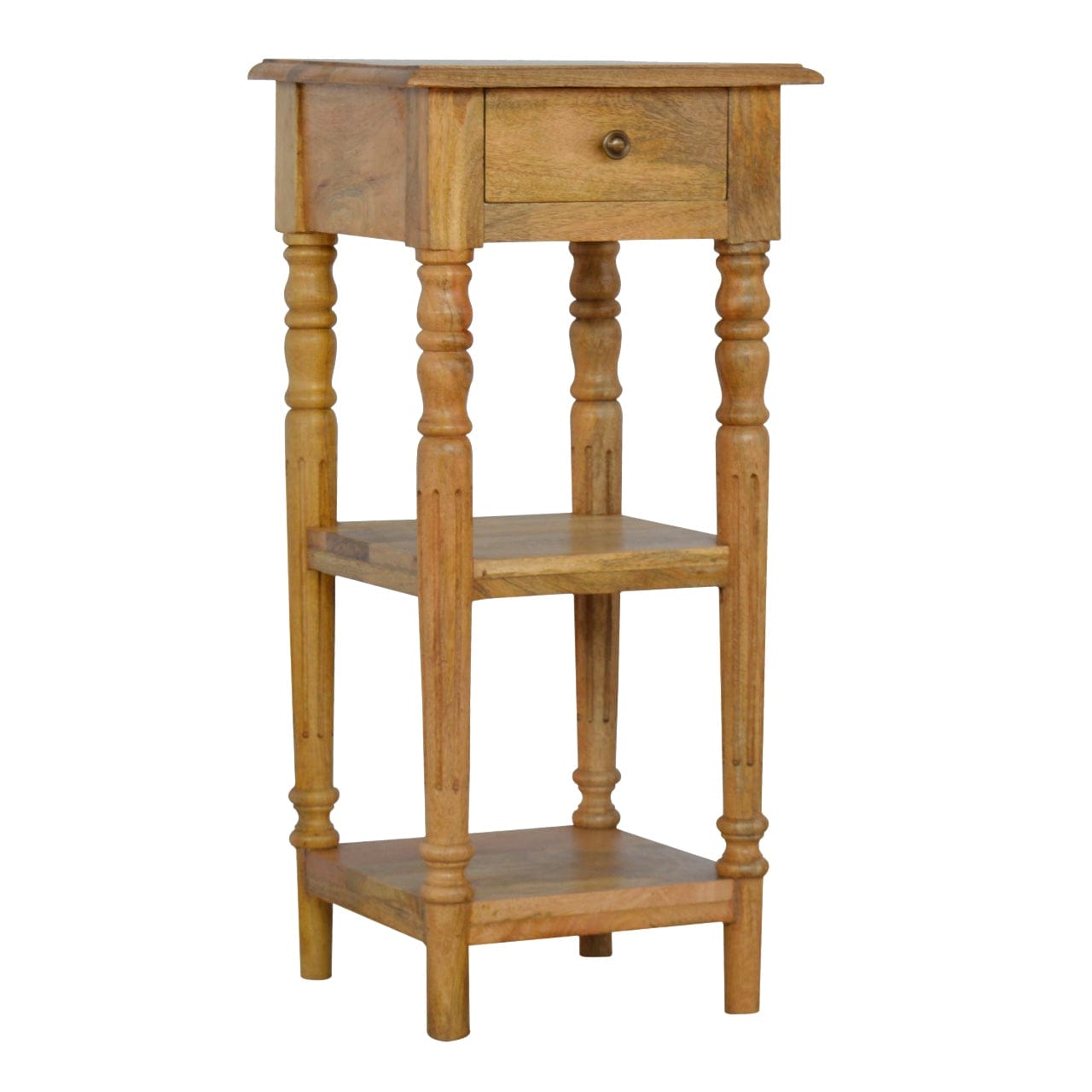 1 Drawer End Table with Shelves in Oak-ish Finish - Solid Mango Wood Side Table - product view 2 showing handcrafted...