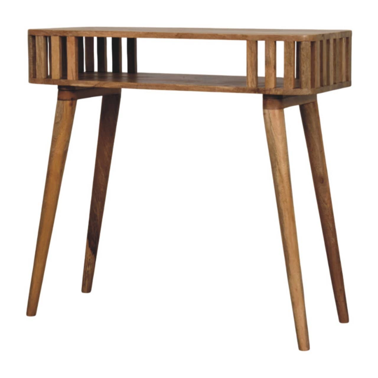 Handcrafted Slatted Oak-ish Console Table - Entryway & Hallway Table in Solid Mango Wood - product view 2 showing...