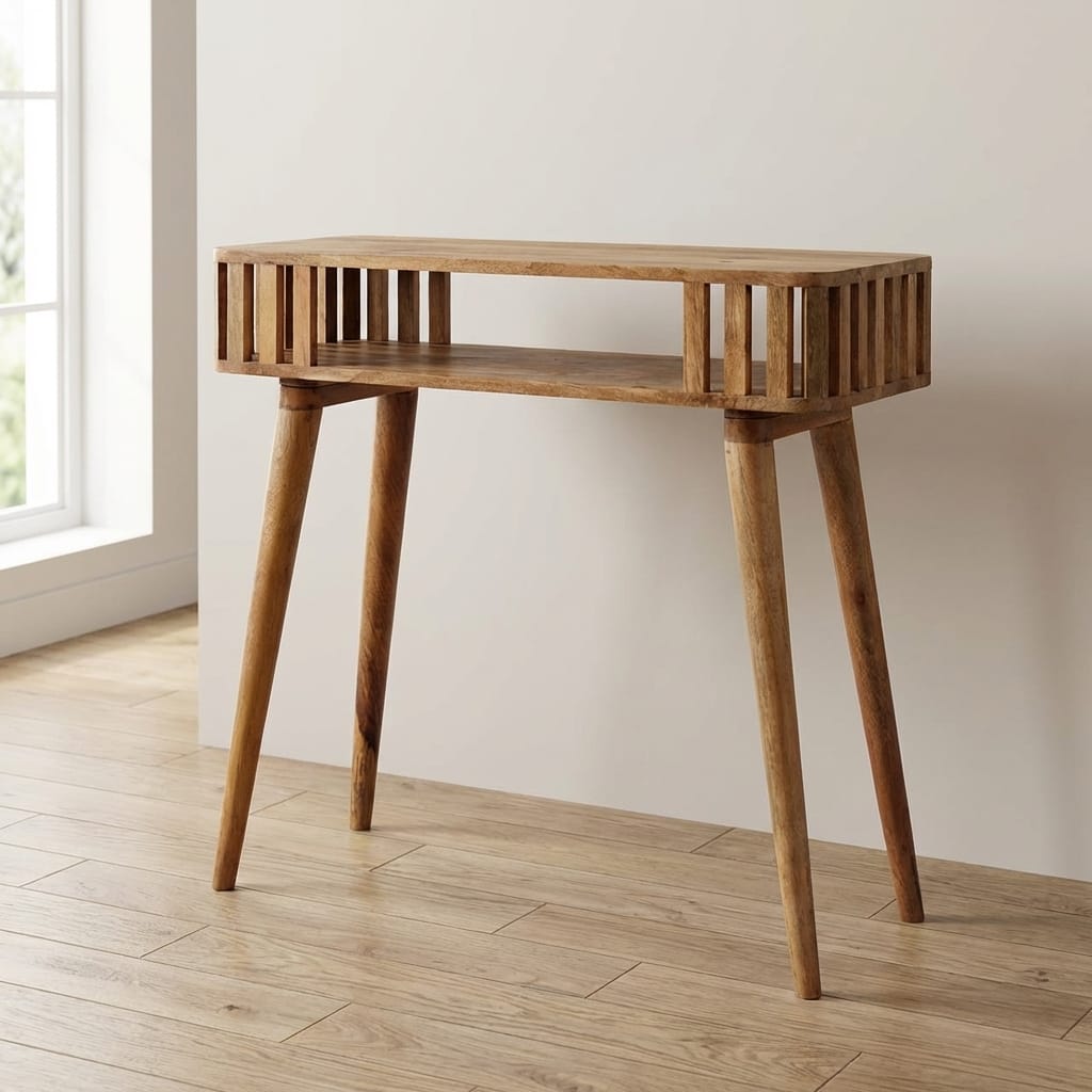Handcrafted Slatted Oak-ish Console Table - Entryway & Hallway Table in Solid Mango Wood - main view showing handcrafted...