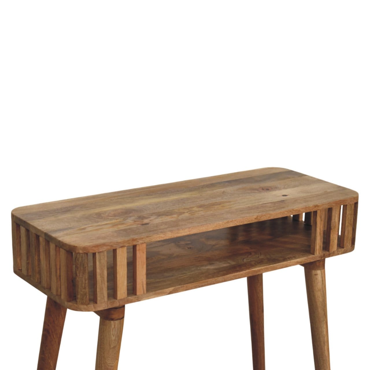 Handcrafted Slatted Oak-ish Console Table - Entryway & Hallway Table in Solid Mango Wood - product view 5 showing...