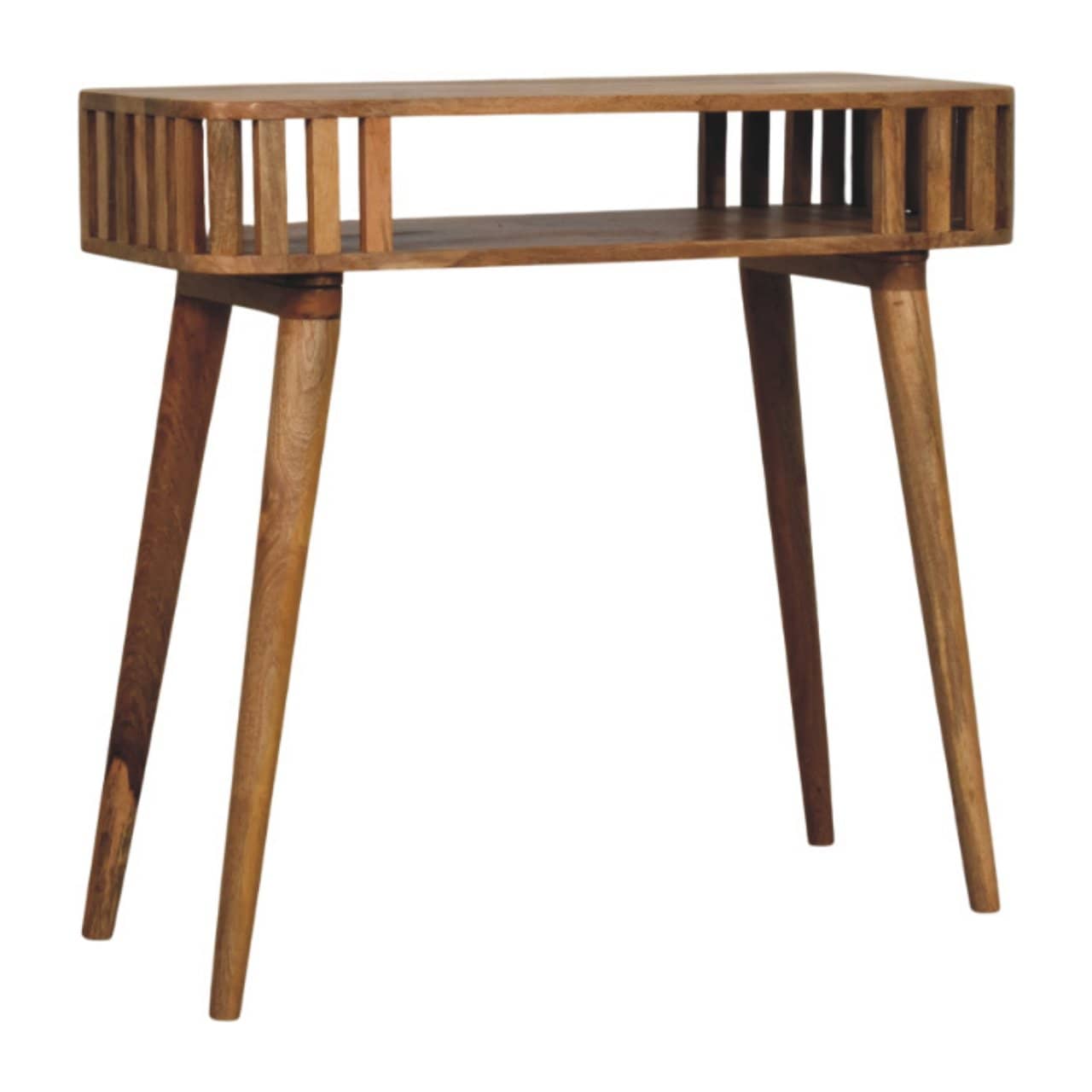 Handcrafted Slatted Oak-ish Console Table - Entryway & Hallway Table in Solid Mango Wood - product view 3 showing...
