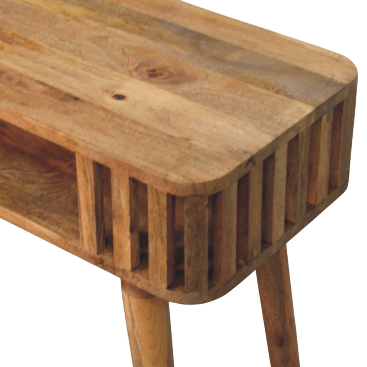 Handcrafted Slatted Oak-ish Console Table - Entryway & Hallway Table in Solid Mango Wood - product view 6 showing...