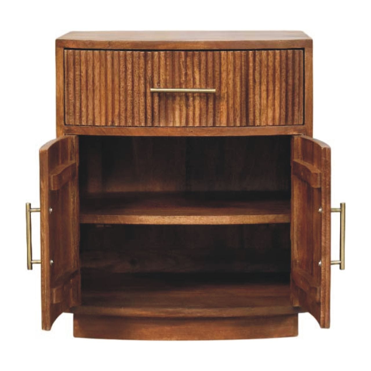 Solid Wood Curved Ribbed Nightstand - Solid Mango Wood Bedside Table for Bedroom - product view 7 showing handcrafted...