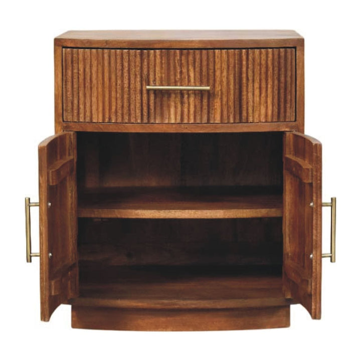 Solid Wood Curved Ribbed Nightstand - Solid Mango Wood Bedside Table for Bedroom - product view 7 showing handcrafted...
