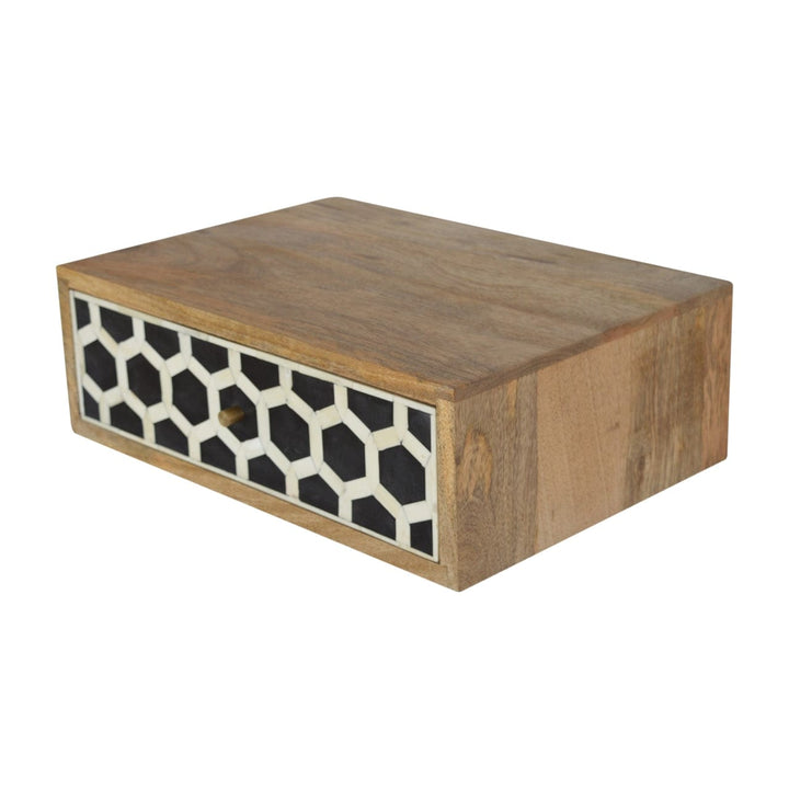 Wall Mounted Bone Inlay Nightstand - Solid Mango Wood Bedside Table for Bedroom - product view 3 showing handcrafted...