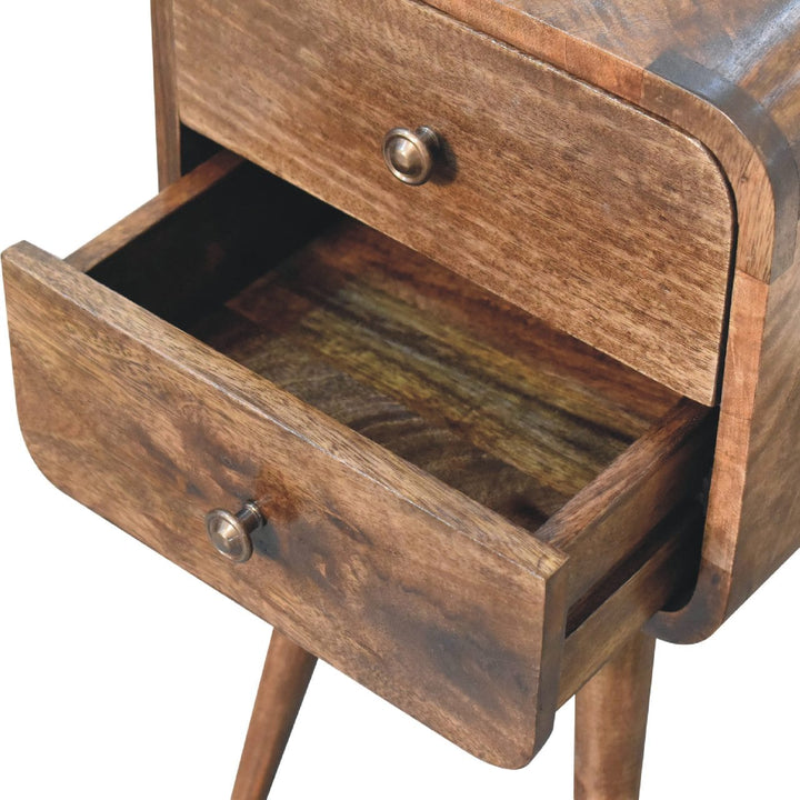 Mini Curved Grey Washed Nightstand - Solid Mango Wood Bedside Table for Bedroom - product view 7 showing handcrafted...