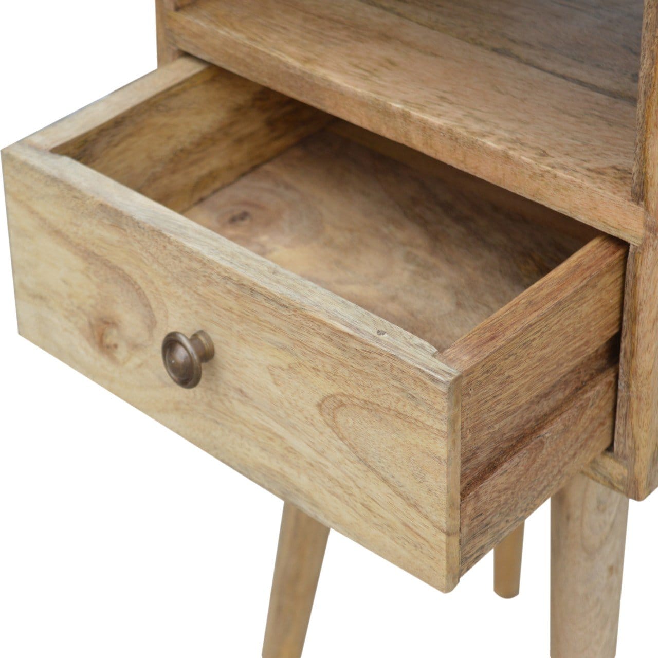 Mini Oak-ish Nightstand - Solid Mango Wood Bedside Table for Bedroom - product view 5 showing handcrafted solid mango...