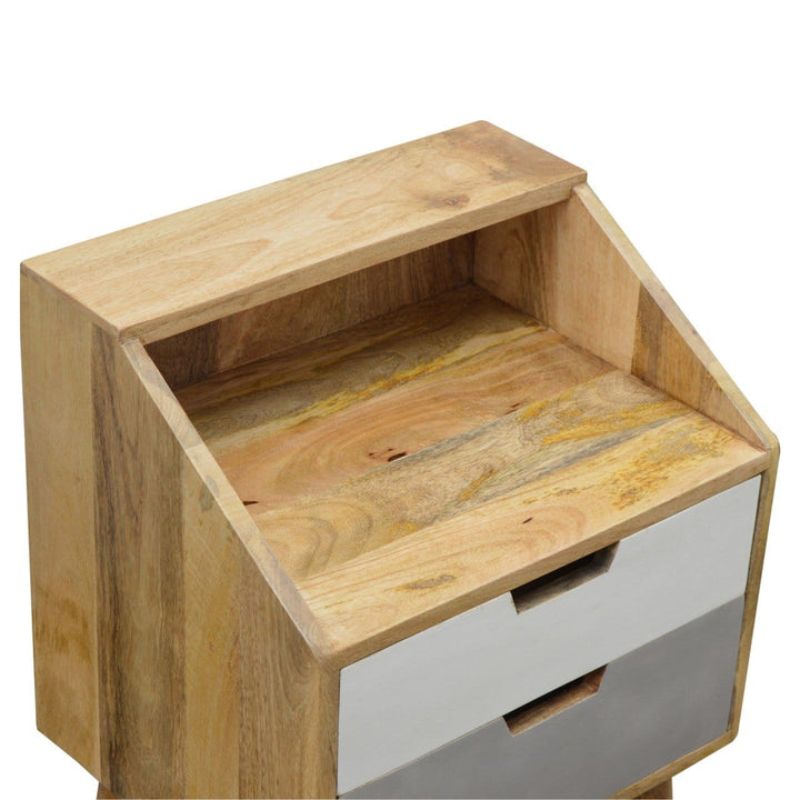 Oak-ish Raised Nightstand - Solid Mango Wood Bedside Table for Bedroom - product view 3 showing handcrafted solid mango...