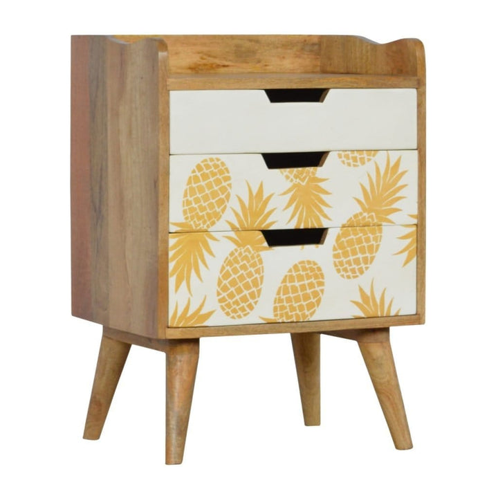 Handcrafted Solid Woodapple Screen Printed Nightstand - Solid Mango Wood Bedside Table for Bedroom - product view 2...