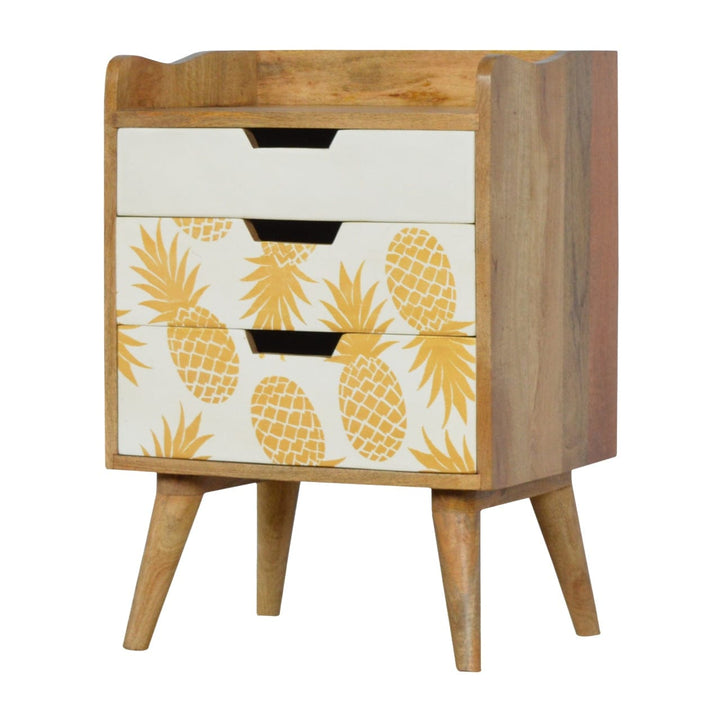 Handcrafted Solid Woodapple Screen Printed Nightstand - Solid Mango Wood Bedside Table for Bedroom - main view showing...