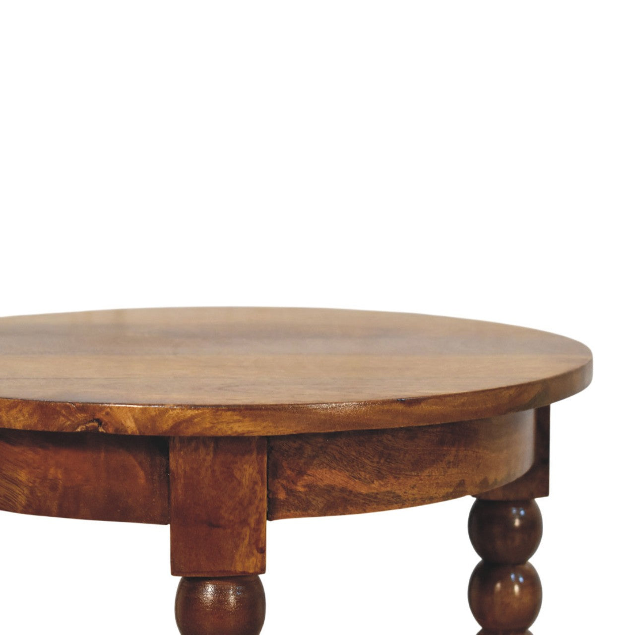 Amber Oak Spindle Round Side Table in Solid Mango Wood - product view 4 showing handcrafted solid mango wood side table