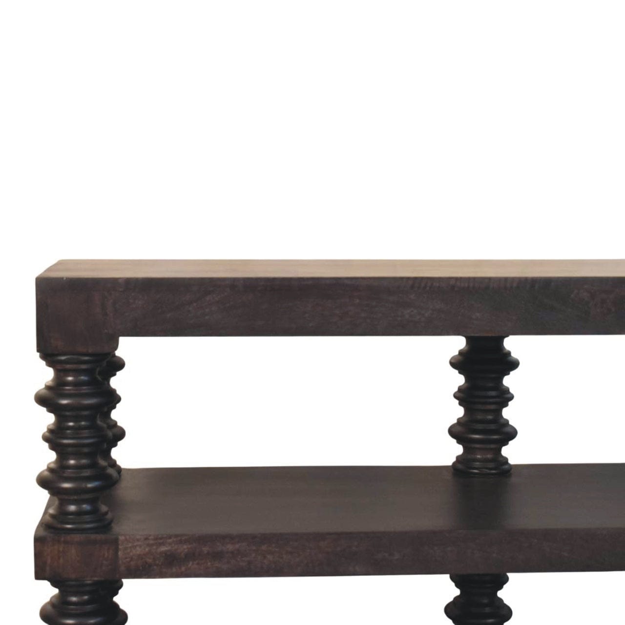 Handcrafted Spindle Shelf Console in Carbon Ash - Entryway & Hallway Table in Solid Mango Wood - product view 4 showing...
