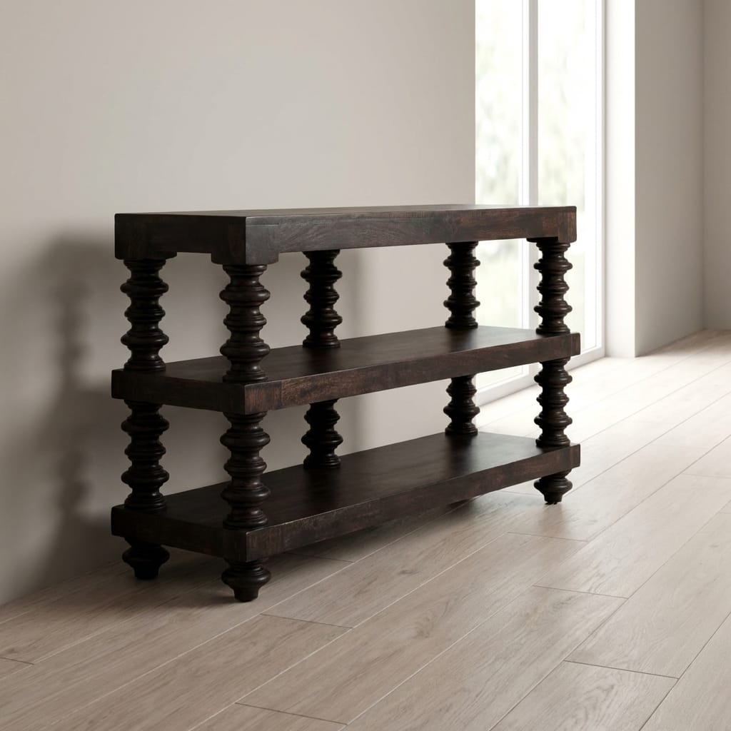 Handcrafted Spindle Shelf Console in Carbon Ash - Entryway & Hallway Table in Solid Mango Wood - main view showing...