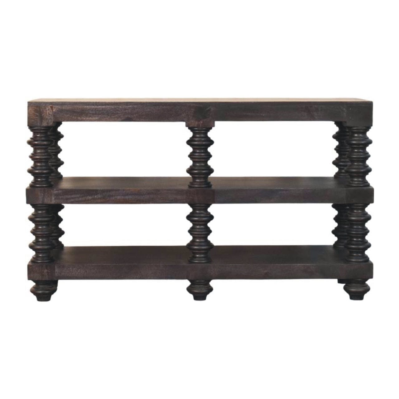 Handcrafted Spindle Shelf Console in Carbon Ash - Entryway & Hallway Table in Solid Mango Wood - product view 8 showing...