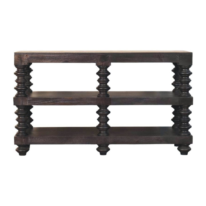 Handcrafted Spindle Shelf Console in Carbon Ash - Entryway & Hallway Table in Solid Mango Wood - product view 8 showing...