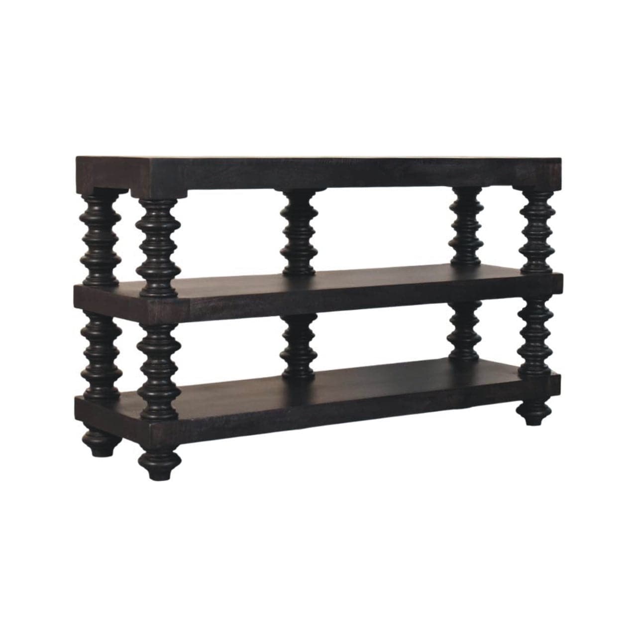 Handcrafted Spindle Shelf Console in Carbon Ash - Entryway & Hallway Table in Solid Mango Wood - product view 2 showing...