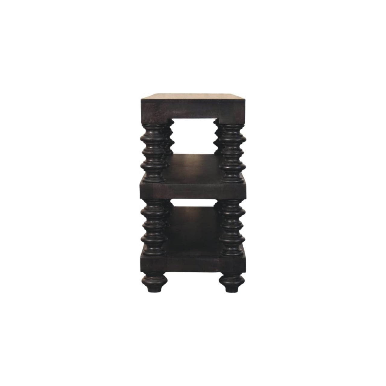 Handcrafted Spindle Shelf Console in Carbon Ash - Entryway & Hallway Table in Solid Mango Wood - product view 7 showing...