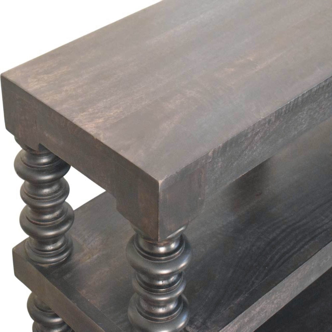 Handcrafted Spindle Shelf Console in Carbon Ash - Entryway & Hallway Table in Solid Mango Wood - product view 5 showing...