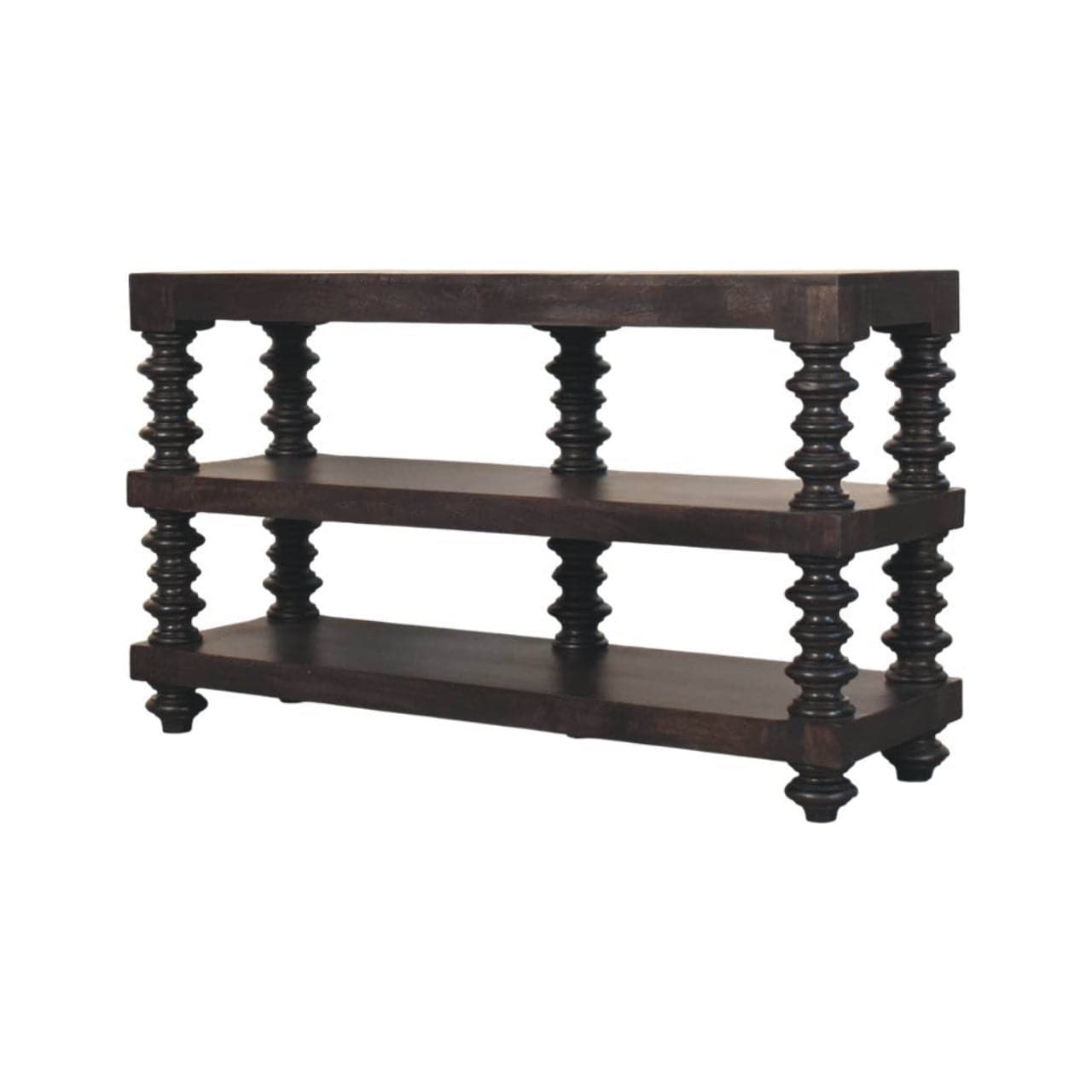 Handcrafted Spindle Shelf Console in Carbon Ash - Entryway & Hallway Table in Solid Mango Wood - product view 3 showing...