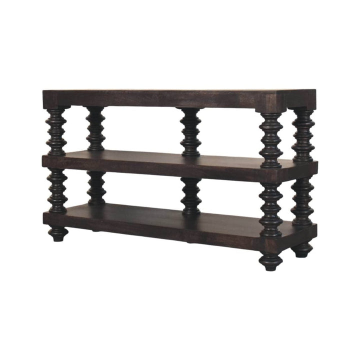 Handcrafted Spindle Shelf Console in Carbon Ash - Entryway & Hallway Table in Solid Mango Wood - product view 3 showing...