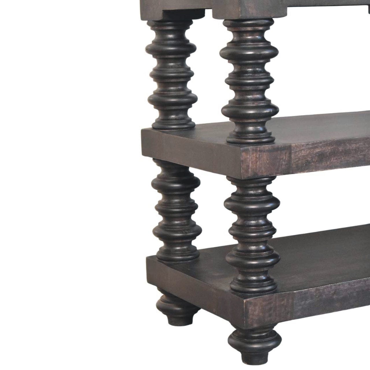 Handcrafted Spindle Shelf Console in Carbon Ash - Entryway & Hallway Table in Solid Mango Wood - product view 6 showing...
