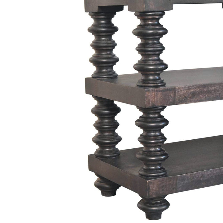Handcrafted Spindle Shelf Console in Carbon Ash - Entryway & Hallway Table in Solid Mango Wood - product view 6 showing...