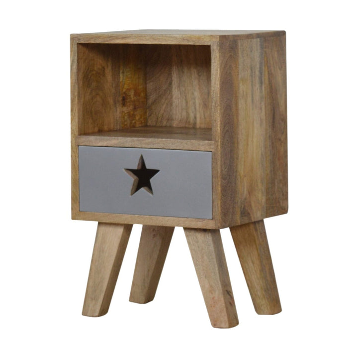 Handcrafted Star Painted Nightstand - Solid Mango Wood Bedside Table for Bedroom - product view 3 showing handcrafted...