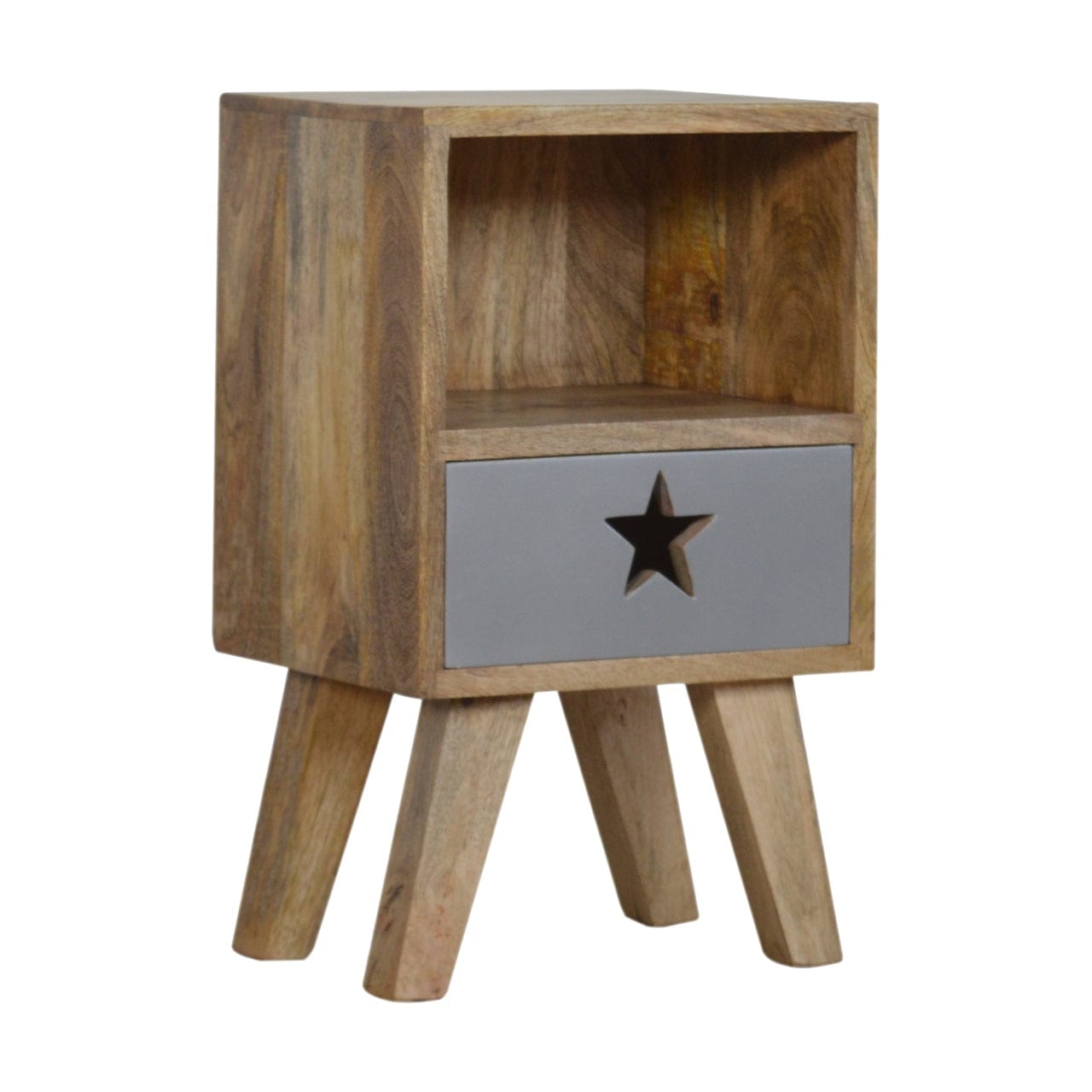 Handcrafted Star Painted Nightstand - Solid Mango Wood Bedside Table for Bedroom - product view 2 showing handcrafted...
