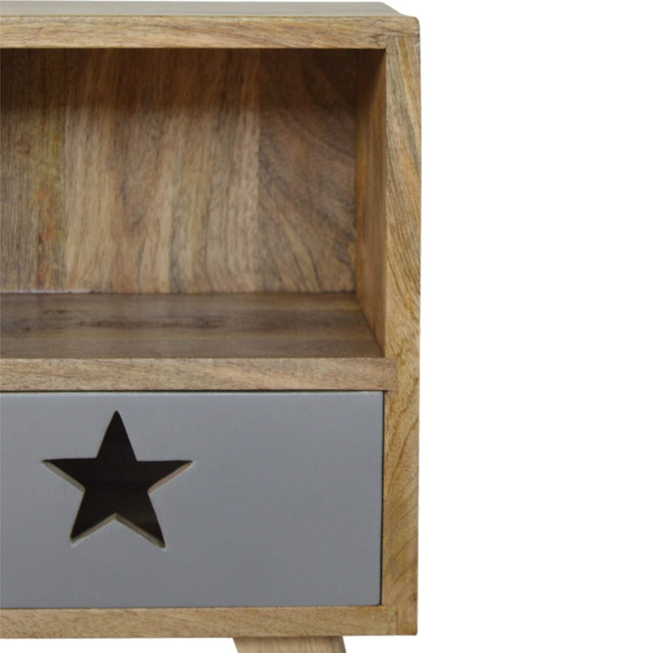 Handcrafted Star Painted Nightstand - Solid Mango Wood Bedside Table for Bedroom - product view 4 showing handcrafted...