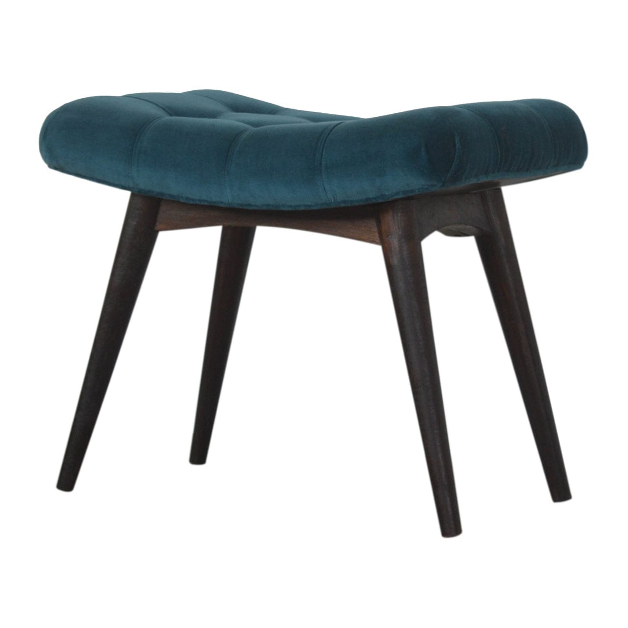 Handcrafted Teal Cotton Velvet Curved Bench - Solid Mango Wood Seating Furniture for Entryway - main view showing...