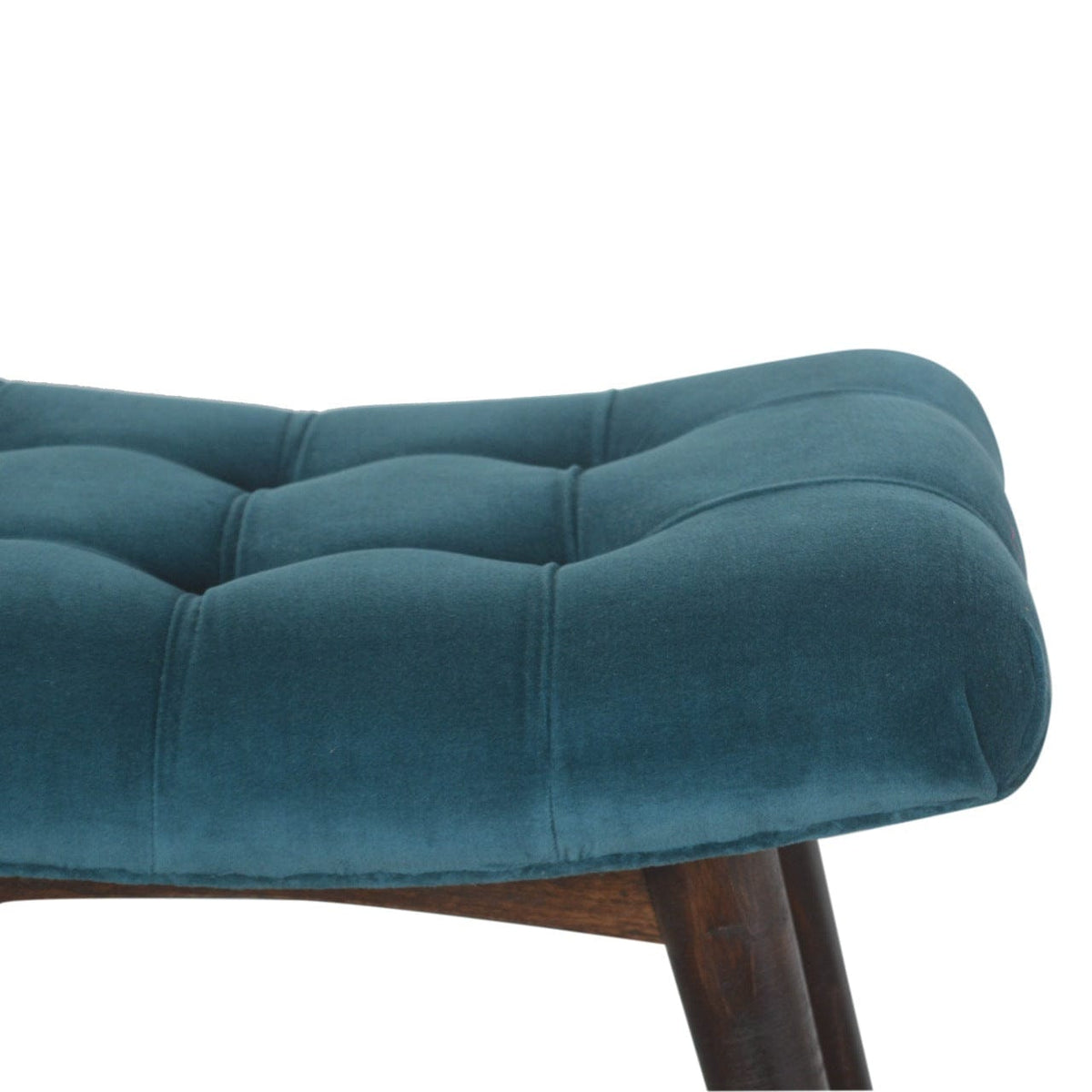 Handcrafted Teal Cotton Velvet Curved Bench - Solid Mango Wood Seating Furniture for Entryway - product view 3 showing...