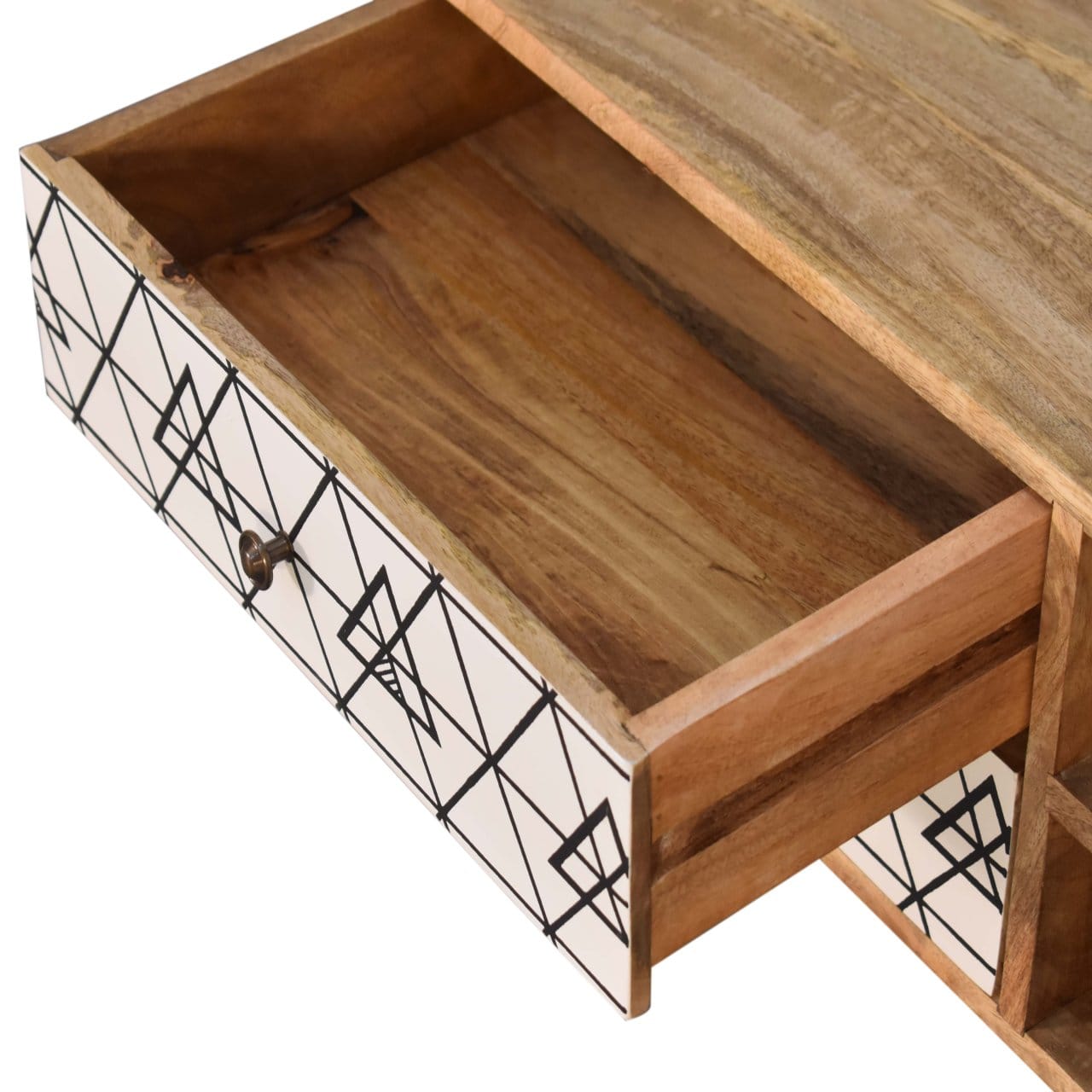 Handcrafted Triangle Printed TV Stand - Solid Mango Wood Entertainment Center for Living Room - product view 6 showing...